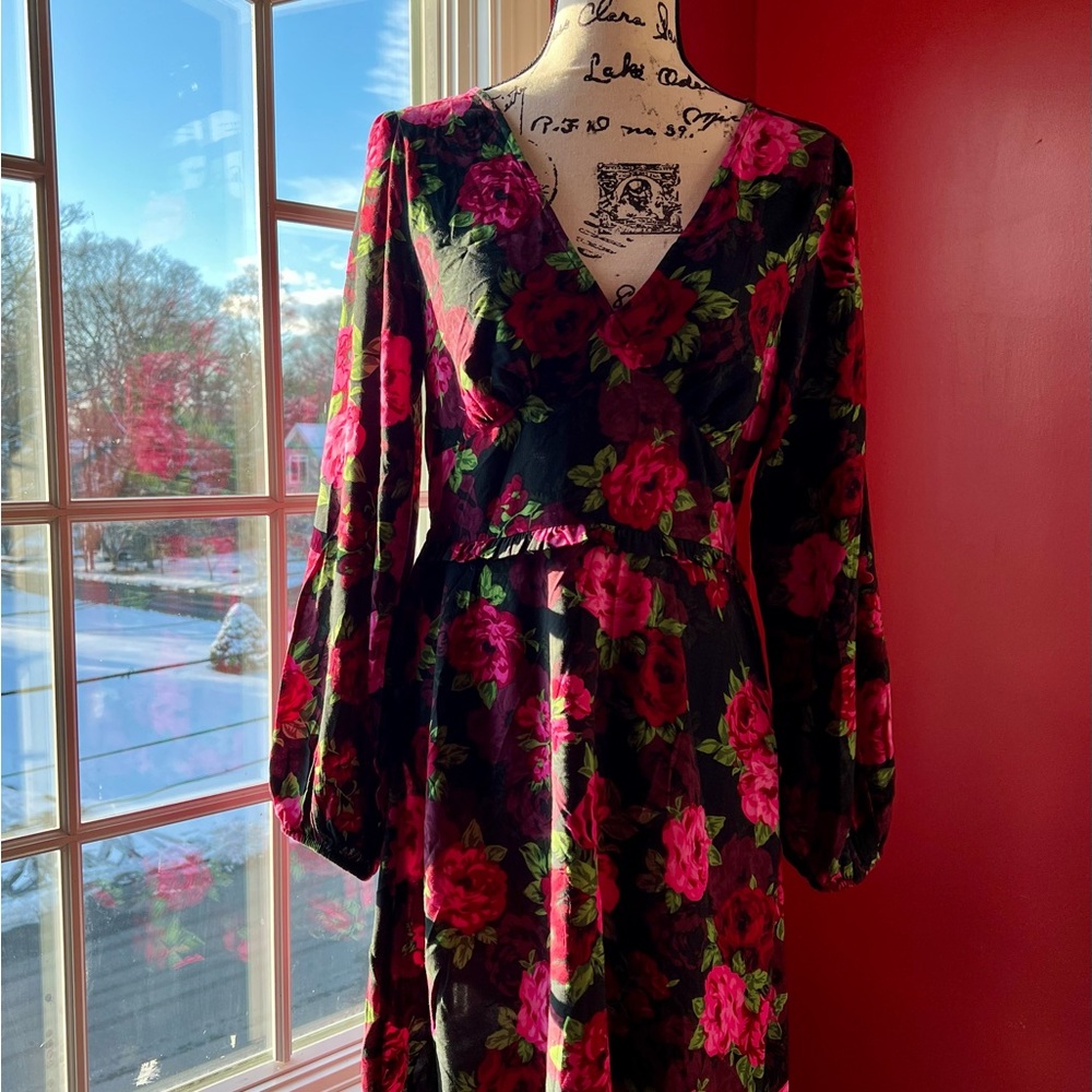 Miss Selfridge UK black mini dress with red and pink rose print